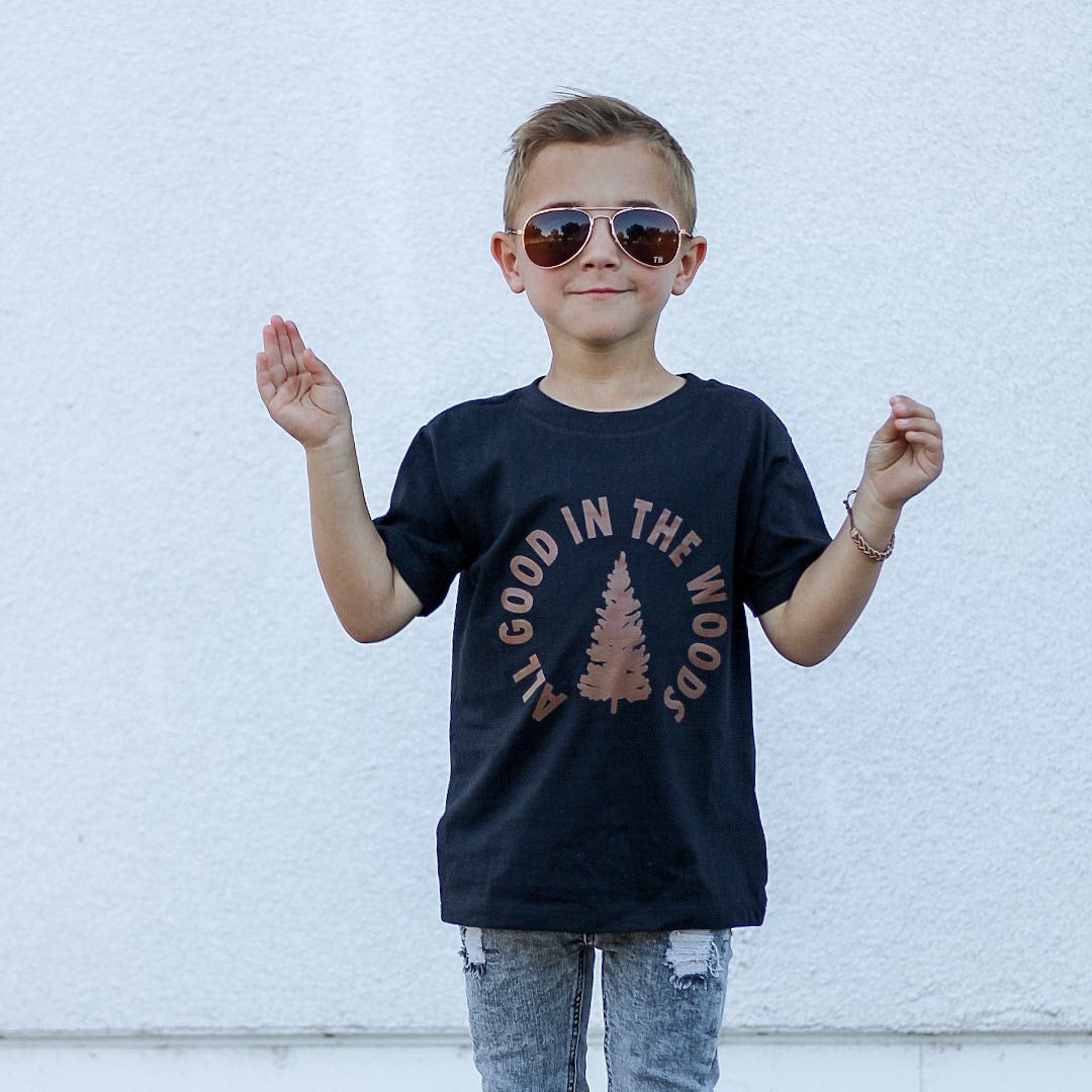 Toddler boy wearing rustic outdoor fall graphic tee