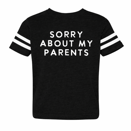 Black Sorry About My Parents youth graphic t-shirt flatlay kids streetwear outfit