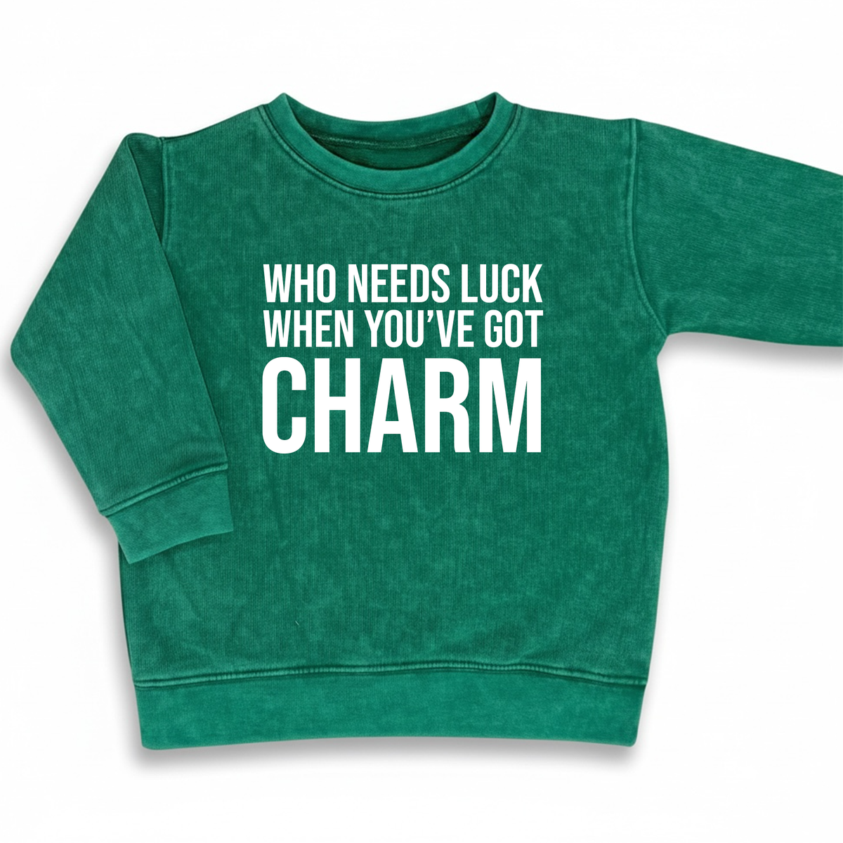 Who Needs Luck kids holiday sweatshirt green festive graphic tee