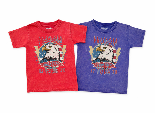 Two children's t-shirts, one red and one blue, featuring an eagle and text on a white background.