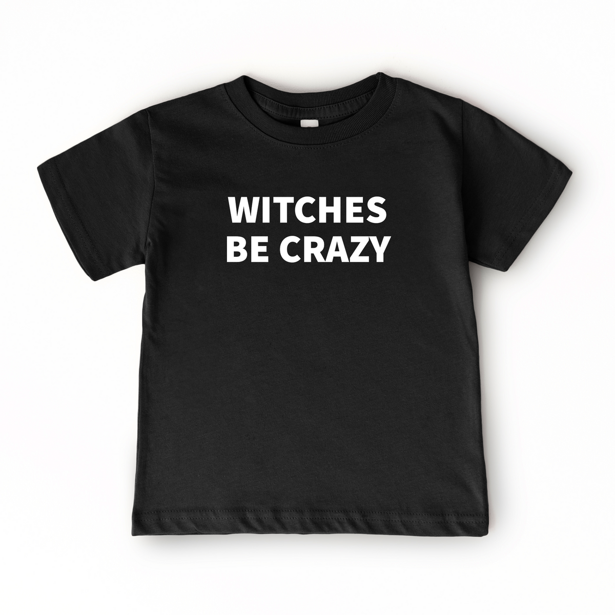 Boys Halloween graphic tee with Witches Be Crazy saying on black shirt for toddler and youth fall outfits.