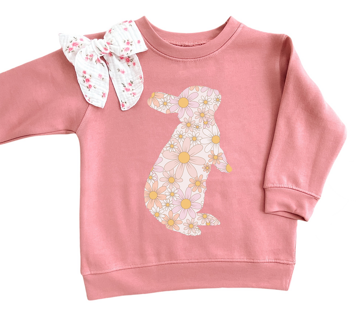 Pink floral bunny kids sweatshirt flat lay, Easter bunny graphic crewneck for toddler girl spring outfit