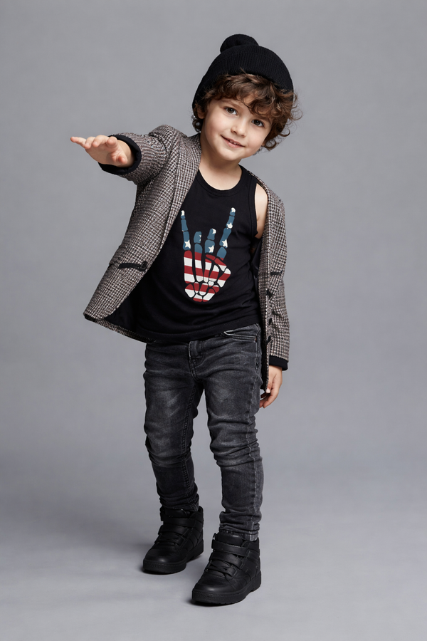 Child wearing a black jacket, graphic t-shirt, jeans, and boots on a gray background